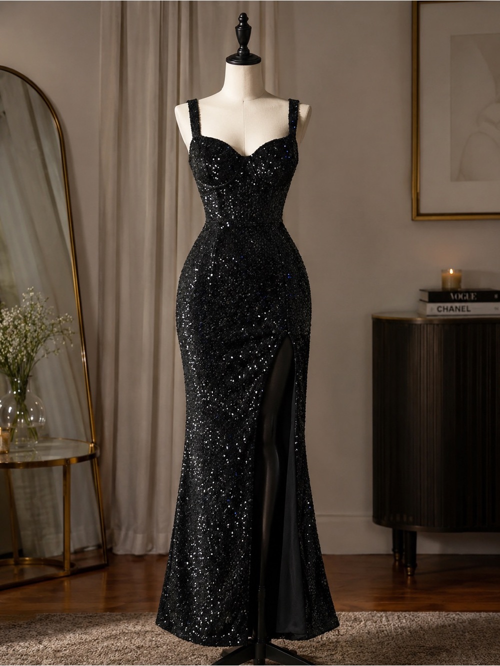 Black Sequin Maxi Dress with Sweetheart Bodice